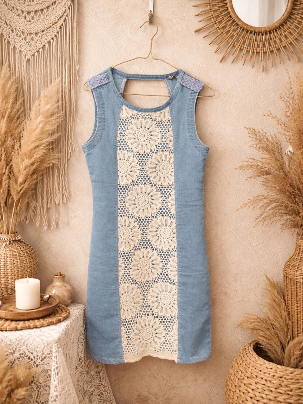 Desigual denim dress featuring white floral lace size 38 EUC
